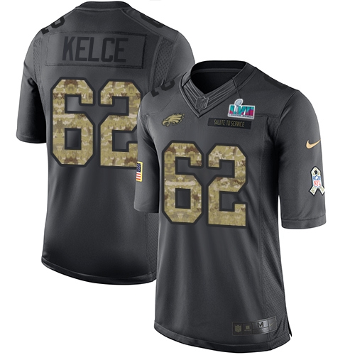 Eagles #62 Jason Kelce Black Super Bowl LVII Patch Men's Stitched Limited 2016 Salute To Service Jersey
