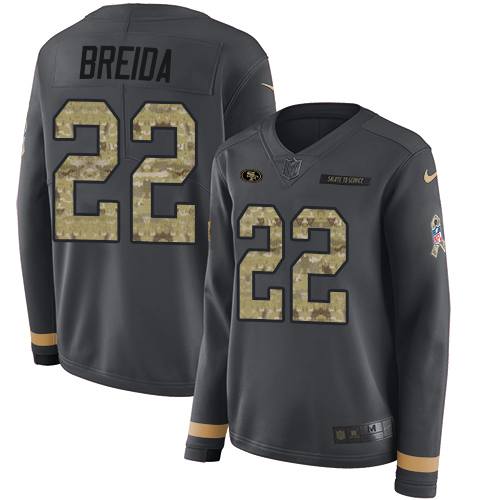 San Francisco 49ers #22 Matt Breida Anthracite Salute to Service Women's Stitched Limited Therma Long Sleeve Jersey Womens
