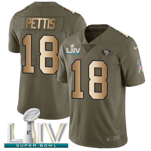 San Francisco 49ers #18 Dante Pettis Olive/Gold Super Bowl LIV 2020 Youth Stitched Limited 2017 Salute To Service Jersey Youth