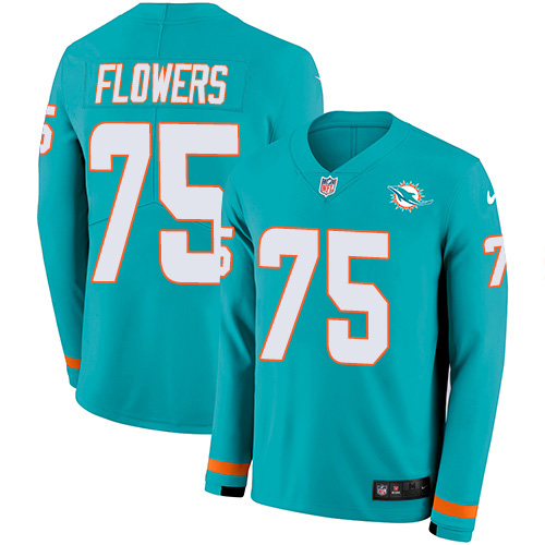 Miami Dolphins #75 Ereck Flowers Aqua Green Team Color Youth Stitched Limited Therma Long Sleeve Jersey Youth