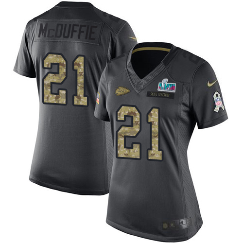 Chiefs #21 Trent McDuffie Black Super Bowl LVII Patch Women's Stitched Limited 2016 Salute To Service Jersey