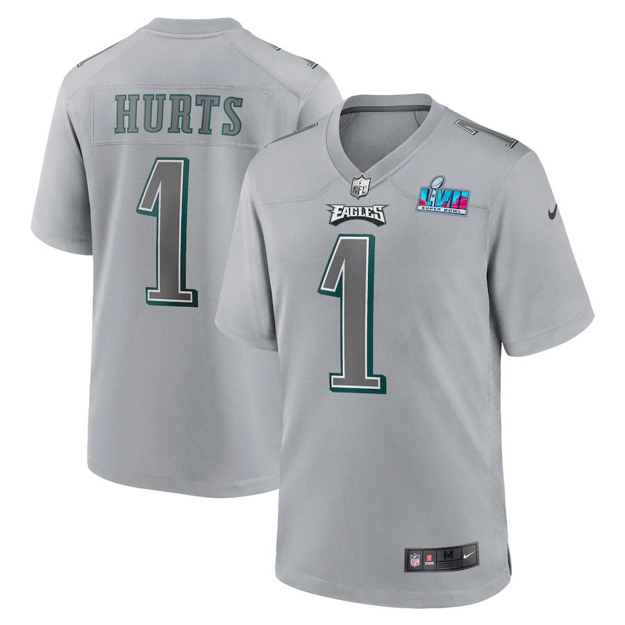Philadelphia Eagles #1 Jalen Hurts Youth Super Bowl LVII Patch Atmosphere Fashion Game Jersey - Gray
