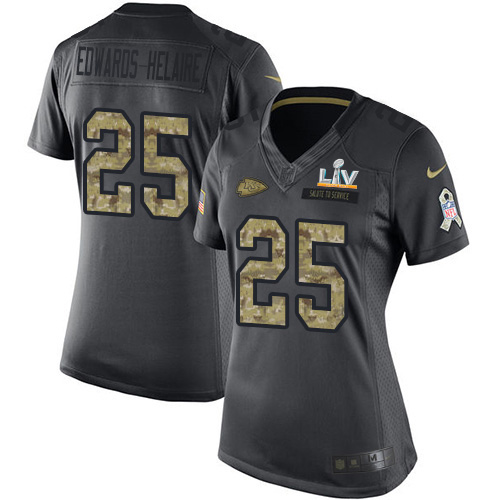 Chiefs #25 Clyde Edwards-Helaire Black Women's Super Bowl LV Bound Stitched Limited 2016 Salute To Service Jersey
