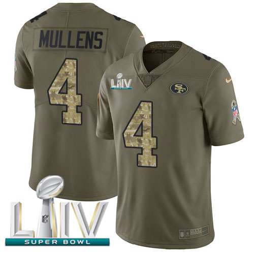 San Francisco 49ers #4 Nick Mullens Olive/Camo Super Bowl LIV 2020 Youth Stitched Limited 2017 Salute To Service Jersey Youth