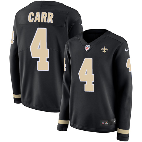 Saints #4 Derek Carr Black Team Color Women's Stitched Limited Therma Long Sleeve Jersey