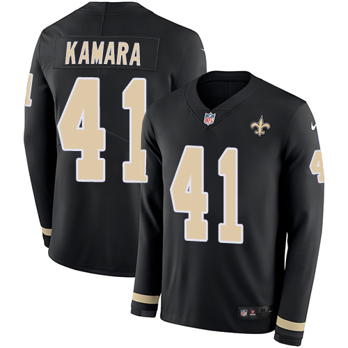 Saints #41 Alvin Kamara Black Team Color Youth Stitched Limited Therma Long Sleeve Jersey