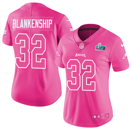 Eagles #32 Reed Blankenship Pink Super Bowl LVII Patch Women's Stitched Limited Rush Fashion Jersey