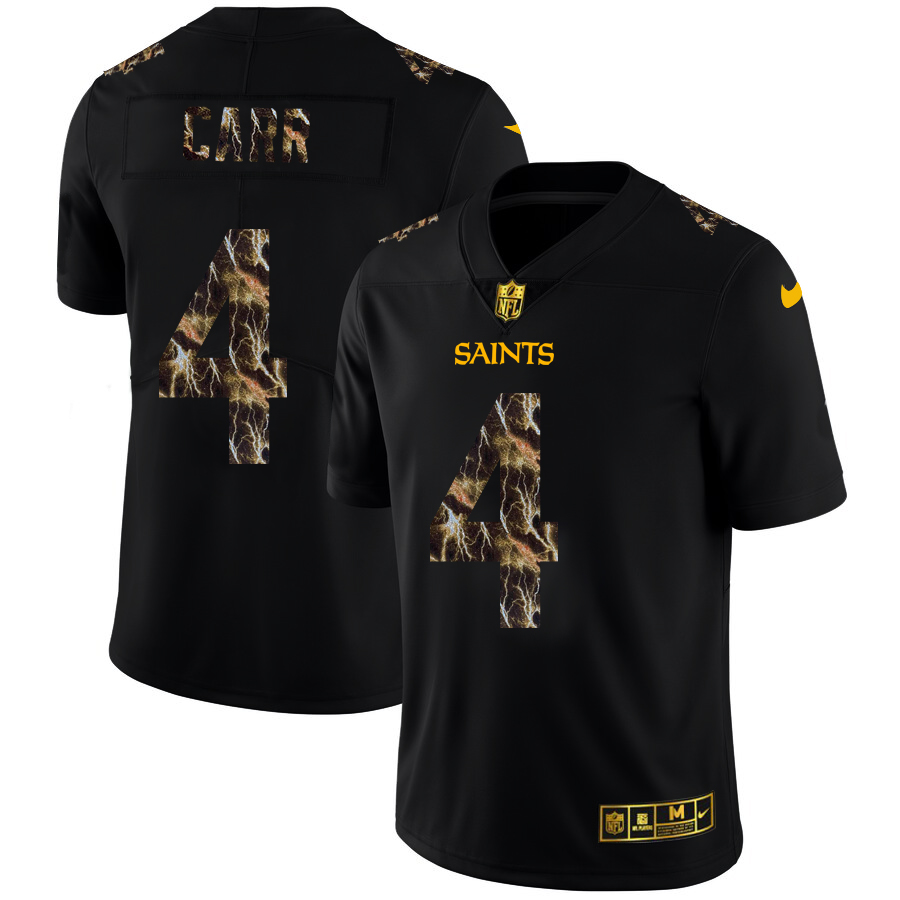 New Orleans Saints #4 Derek Carr Men's Black Flocked Lightning Vapor Limited Jersey