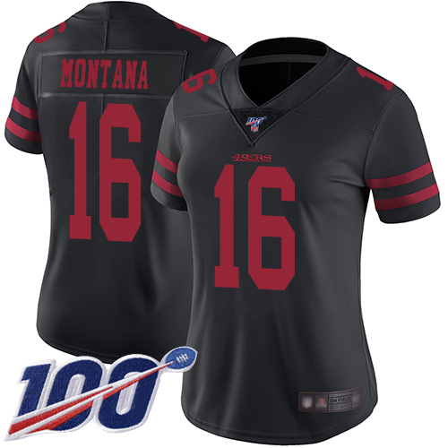 49ers #16 Joe Montana Black Alternate Women's Stitched 100th Season Vapor Limited Jersey