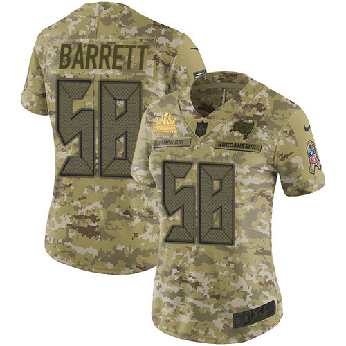 Tampa Bay Buccaneers #58 Shaquil Barrett Camo Women's Super Bowl LV Champions Patch Stitched Limited 2018 Salute To Service Jersey Womens
