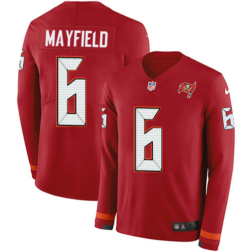 Buccaneers #6 Baker Mayfield Red Team Color Youth Stitched Limited Therma Long Sleeve Jersey