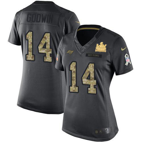 Buccaneers #14 Chris Godwin Black Women's Super Bowl LV Champions Patch Stitched Limited 2016 Salute To Service Jersey
