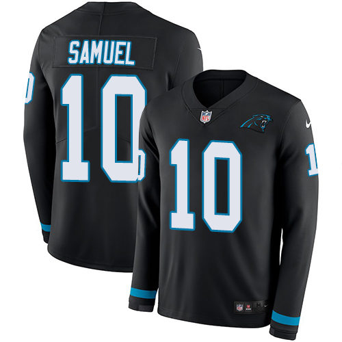 Carolina Panthers #10 Curtis Samuel Black Team Color Men's Stitched Limited Therma Long Sleeve Jersey Men's