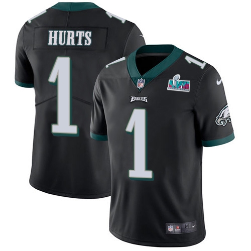 Eagles #1 Jalen Hurts Black Super Bowl LVII Patch Alternate Men's Stitched Vapor Untouchable Limited Jersey