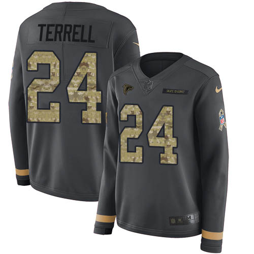 Atlanta Falcons #24 A.J. Terrell Anthracite Salute to Service Women's Stitched Limited Therma Long Sleeve Jersey Womens