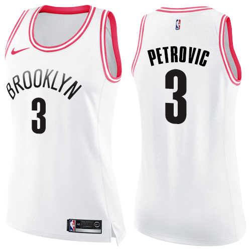 Brooklyn Nets #3 Drazen Petrovic White/Pink Womens Swingman Fashion Jersey Womens