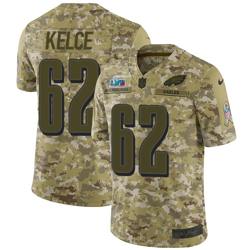 Eagles #62 Jason Kelce Camo Super Bowl LVII Patch Youth Stitched Limited 2018 Salute To Service Jersey