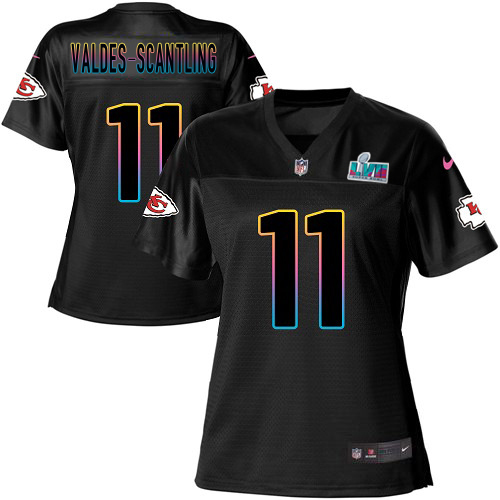 Chiefs #11 Marquez Valdes-Scantling Black Super Bowl LVII Patch Women's Fashion Game Jersey