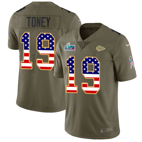 Chiefs #19 Kadarius Toney Olive/USA Flag Super Bowl LVII Patch Youth Stitched Limited 2017 Salute To Service Jersey
