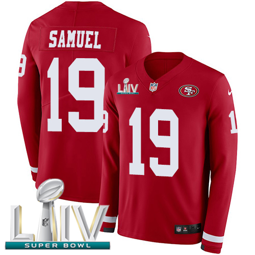 49ers #19 Deebo Samuel Red Super Bowl LIV 2020 Team Color Men's Stitched Limited Therma Long Sleeve Jersey