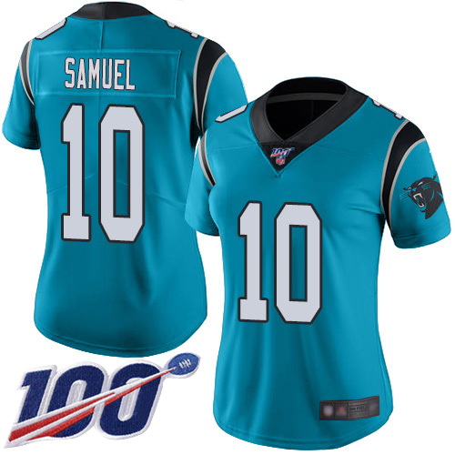 Carolina Panthers #10 Curtis Samuel Blue Alternate Women's Stitched 100th Season Vapor Limited Jersey Womens