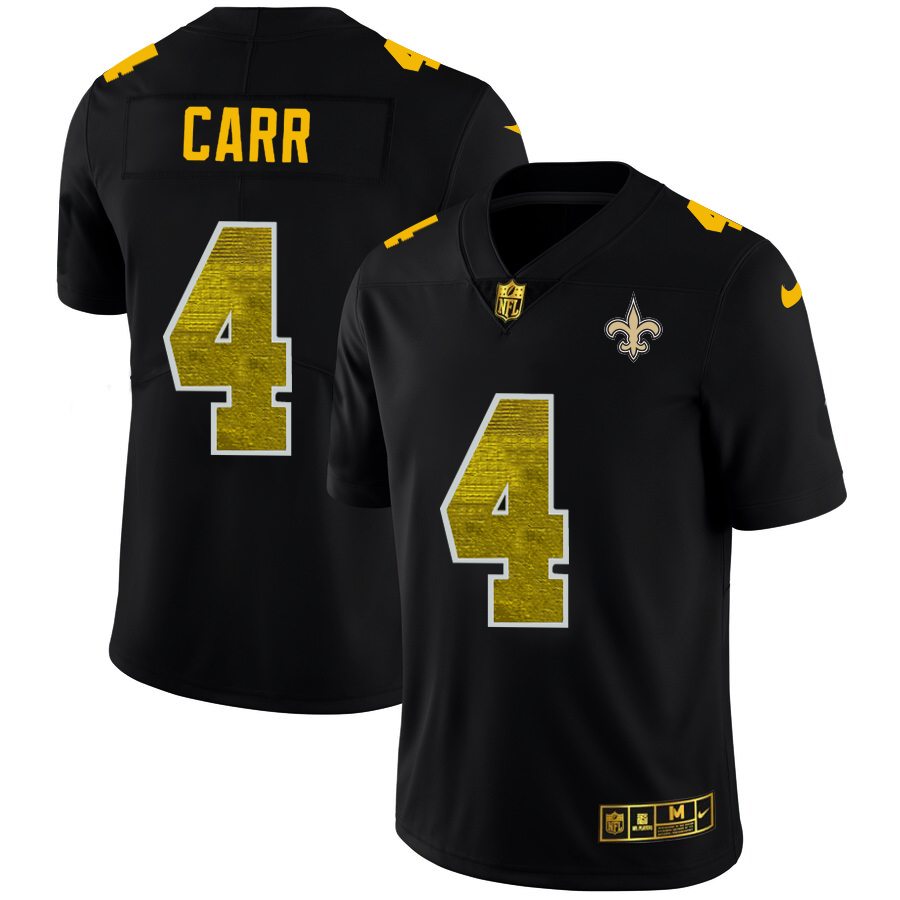 New Orleans Saints #4 Derek Carr Men's Black Golden Sequin Vapor Limited Jersey