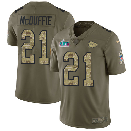 Chiefs #21 Trent McDuffie Olive/Camo Super Bowl LVII Patch Youth Stitched Limited 2017 Salute To Service Jersey