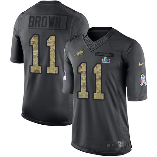 Eagles #11 A.J. Brown Black Super Bowl LVII Patch Youth Stitched Limited 2016 Salute To Service Jersey