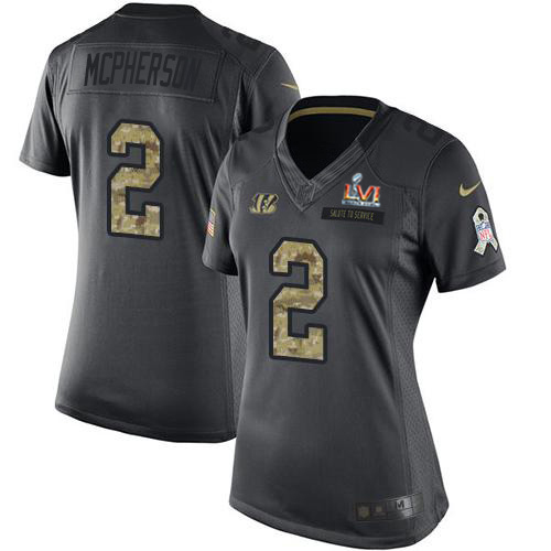 Bengals #2 Evan McPherson Black Super Bowl LVI Patch Women's Stitched Limited 2016 Salute To Service Jersey