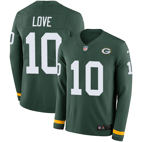 Packers #10 Jordan Love Green Team Color Men's Stitched Limited Therma Long Sleeve Jersey