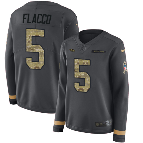 Baltimore Ravens #5 Joe Flacco Anthracite Salute to Service Women's Stitched Limited Therma Long Sleeve Jersey Womens