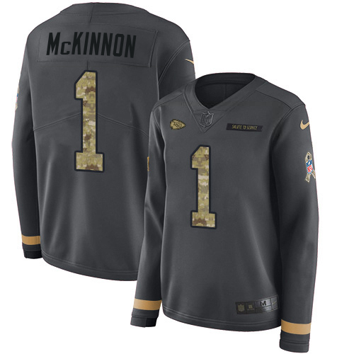 Chiefs #1 Jerick McKinnon Anthracite Salute To Service Women's Stitched Limited Therma Long Sleeve Jersey