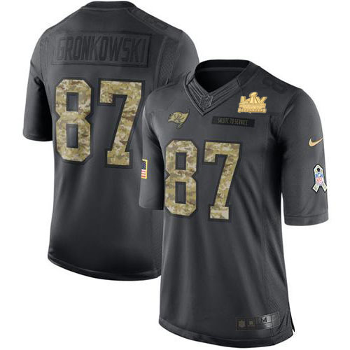 Buccaneers #87 Rob Gronkowski Black Youth Super Bowl LV Champions Patch Stitched Limited 2016 Salute To Service Jersey