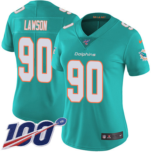 Miami Dolphins #90 Shaq Lawson Aqua Green Team Color Women's Stitched 100th Season Vapor Untouchable Limited Jersey Womens