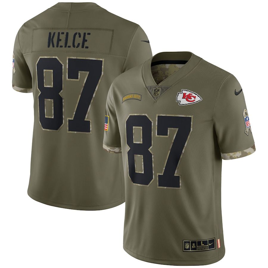 Kansas City Chiefs #87 Travis Kelce Men's 2022 Salute To Service Limited Jersey - Olive