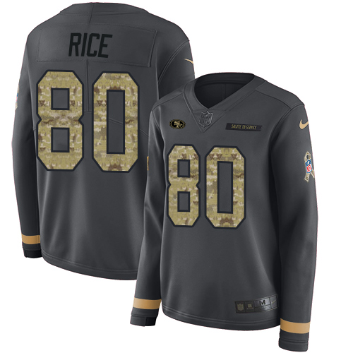 49ers #80 Jerry Rice Anthracite Salute To Service Women's Stitched Limited Therma Long Sleeve Jersey