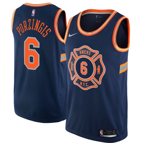 New York Knicks #6 Kristaps Porzingis Navy Swingman City Edition Jersey Mens