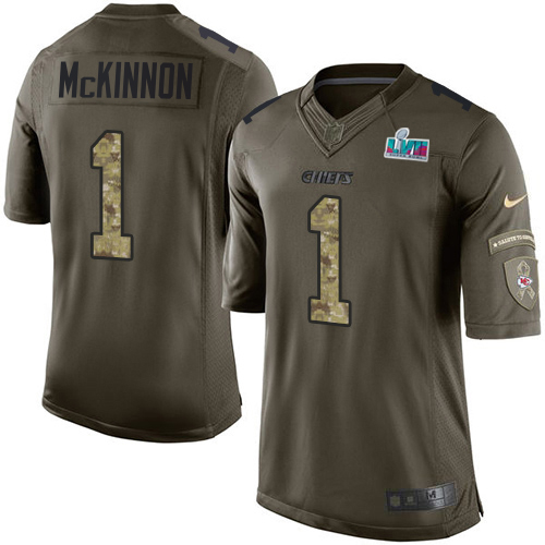 Chiefs #1 Jerick McKinnon Green Super Bowl LVII Patch Youth Stitched Limited 2015 Salute To Service Jersey