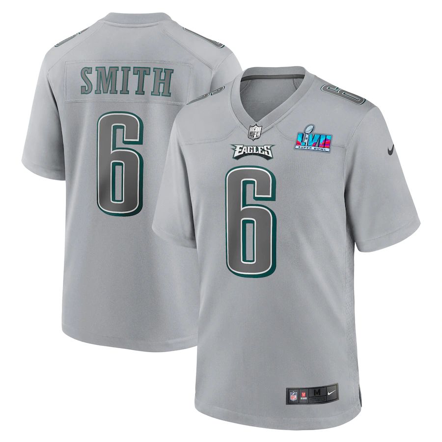 Philadelphia Eagles #6 DeVonta Smith Men's Super Bowl LVII Patch Atmosphere Fashion Game Jersey - Gray