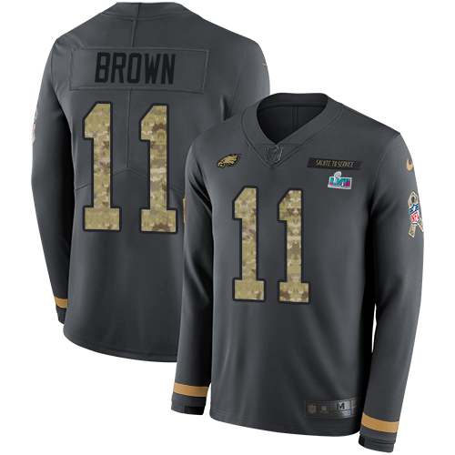 Eagles #11 A.J. Brown Anthracite Salute To Service Super Bowl LVII Patch Youth Stitched Limited Therma Long Sleeve Jersey