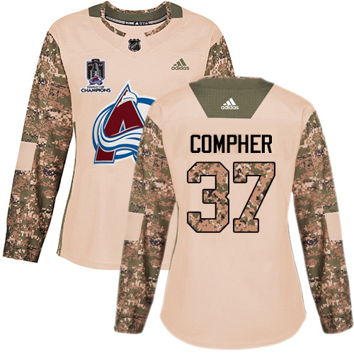 Adidas Colorado Avalanche #37 J.T. Compher Camo Authentic Women's 2022 Stanley Cup Champions Veterans Day Stitched Jersey Womens