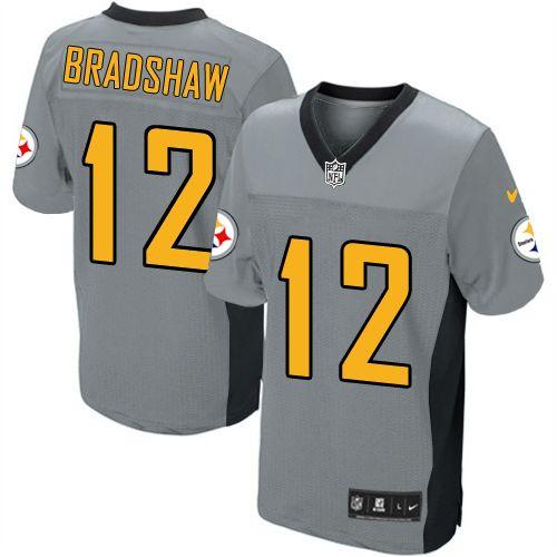 Steelers #12 Terry Bradshaw Grey Shadow Men's Stitched Elite Jersey