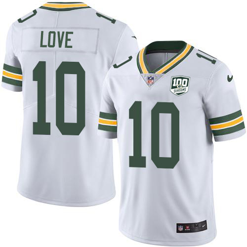 Packers #10 Jordan Love White Men's 100th Season Stitched Vapor Untouchable Limited Jersey