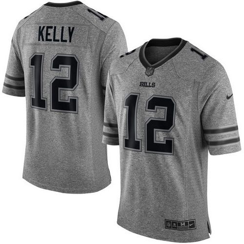 Bills #12 Jim Kelly Gray Men's Stitched Limited Gridiron Gray Jersey