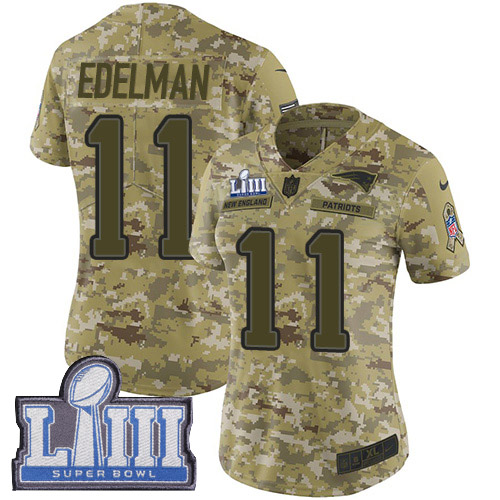 Patriots #11 Julian Edelman Camo Super Bowl LIII Bound Women's Stitched Limited 2018 Salute To Service Jersey