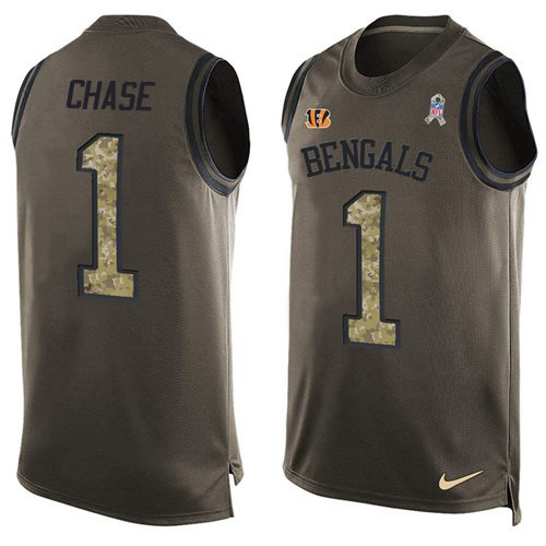 Bengals #1 Ja'Marr Chase Green Men's Stitched Limited Salute To Service Tank Top Jersey