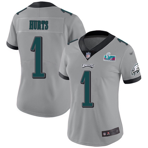 Eagles #1 Jalen Hurts Silver Super Bowl LVII Patch Women's Stitched Limited Inverted Legend Jersey
