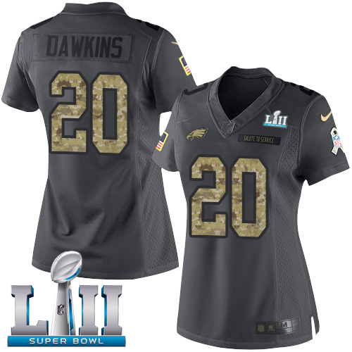 Eagles #20 Brian Dawkins Black Super Bowl LII Women's Stitched Limited 2016 Salute To Service Jersey