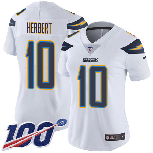 Chargers #10 Justin Herbert White Women's Stitched 100th Season Vapor Untouchable Limited Jersey
