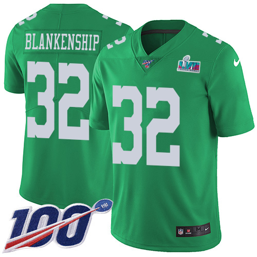 Eagles #32 Reed Blankenship Green Super Bowl LVII Patch Youth Stitched Limited Rush 100th Season Jersey